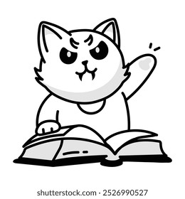 An evil cat reading a mystical book, a doodle style icon 

