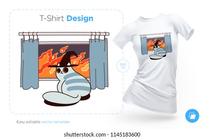 Evil cat sitting on a fire background t-shirt design. Print for clothes, posters or souvenirs. Vector illustration