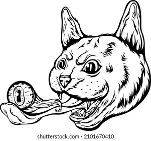 Evil cat. Vector isolated illustration. Black color on white background image. Wild animal design and tattoo.