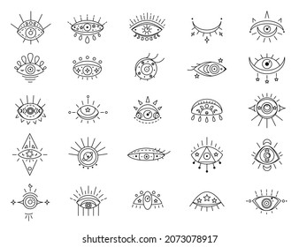 Evil celestial eye symbol set. Esoteric sign. Outline eyes icons with moon and stars. Line art eye boho design. Vector illustration 