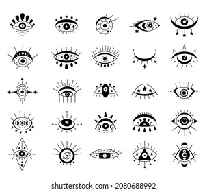 Evil celestial eye symbol set. Esoteric sign. Eyes silhouette icons with moon and stars. 
Black eye boho design. Vector illustration 