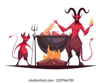 Evil character cartoon concept with two devils in hell human hand in cauldron vector illustration