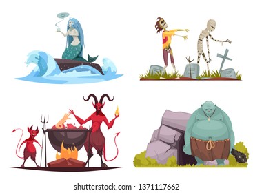 Evil character concept 4 cartoon compositions with wicked sea witch tricking mermaid haunted cemetery isolated vector illustration