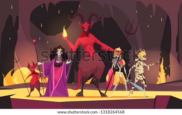 地獄魔の悪い女王暗い怖い背景に赤鬼を描いた悪いキャラクターの漫画の構図ベクターイラスト のベクター画像素材 ロイヤリティフリー