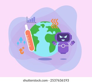 Evil chatbot heating planet vector illustration. Polluted Earth with hot termometer, AI wasting energy and resources and harming nature. Harm of artificial intelligence for environment concept