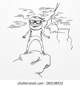 Evil child standing on the rock with lightening and clouds behind. Vector illustration