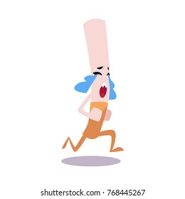 Evil cigarette monster crying, running away in tears, smoking danger, cartoon vector illustration isolated on white background. Comic illustration of cigarette monster running and shedding tears