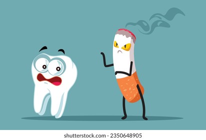 
Evil Cigarette Running After a Fearful Tooth Vector Illustration. Scared molar being afraid of dangerous smoking 
