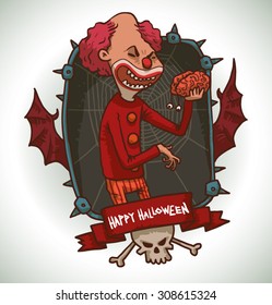 Evil clown with brain in a frame, vector