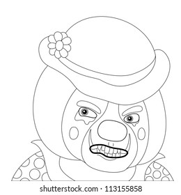 Evil clown, cartoon character, black contour on white background. Vector