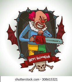 Evil clown with a chainsaw in frame, vector