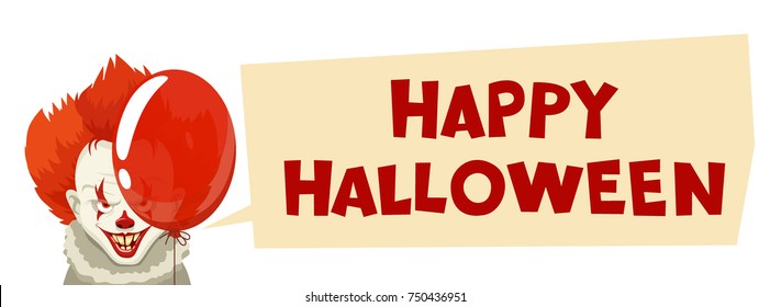 Evil Clown Character With Red Hairs and Balloon. Happy Halloween. Vector Illustration