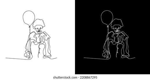 evil clown continuous line. evil clown character line drawing evil clown carrying balloons for kids