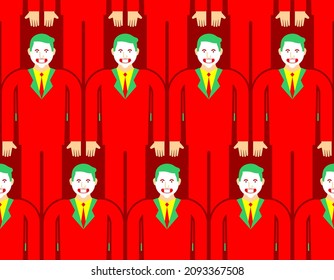 Evil clown crazy pattern seamless. Clown in red suit and green hair. Sneaky grin. 