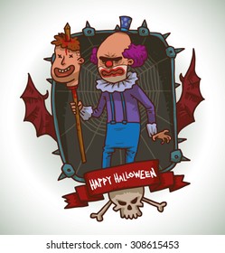 Evil clown with dead head in frame, vector