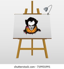 Evil clown. Hand drawn vector stock illustration on easel