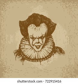 Evil clown head. Hand drawn vector stock illustration