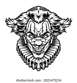 Evil clown head with paper collar in vintage monochrome style isolated vector illustration