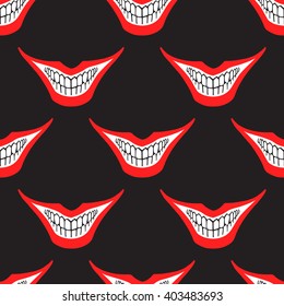 Evil Clown Or Playing Card Joker Smile Seamless Vector Pattern. Creepy, Spooky, Scary Smiles With Red Painted Lips And Bared Teeth Texture. Fool's Day Or Halloween Funny, Irony Endless Background.