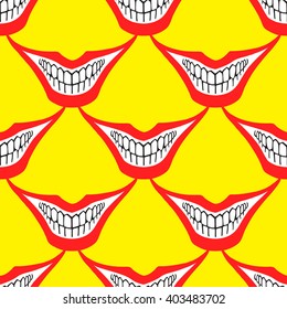 Evil clown or playing card joker smile seamless vector pattern. Creepy, spooky, scary smiles with red painted lips and bared teeth texture. Fool's Day or Halloween funny, irony endless background.