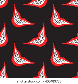 Evil Clown Or Playing Card Joker Smile Seamless Vector Pattern. Creepy, Spooky, Scary Smiles With Red Painted Lips And Bared Teeth Texture. Fool's Day Or Halloween Funny, Irony Endless Background.