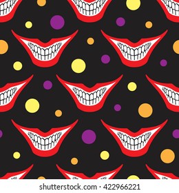 Evil clown or playing card joker smile with colorful circles seamless vector pattern. Creepy, scary smiles with painted red lips and bared teeth texture. Fool's Day or Halloween funny background.