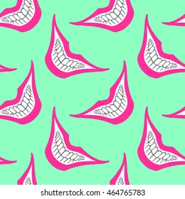 Evil clown or playing card joker smile seamless pattern. Creepy, scary smiles with painted lips and bared teeth texture. Fool's Day or Halloween funny, irony endless background. Mint green and pink.