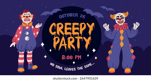 Evil clown poster. Circus creepy characters, spooky halloween party invitation, horror event with scary makeup, artists standing in party costumes garish vector cartoon flat concept