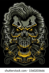 Evil clown skull. Dead jester furious face vector badge, patch, sticker. Angry monster head black ink and color tattoo design. Creepy joker hand drawn sticker isolated on black background.