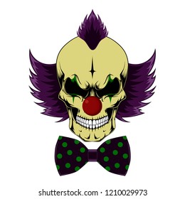 Evil clown skull with purple hair and a bow tie.