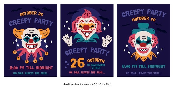 Cartões de palhaços malvados. Dia das Bruxas evento de férias, design de cartaz convite festa de horror, personagens de piadista de circo assustador, celebração assustadora, maquiagem rosto assustador, desenho animado isolado conjunto de vetor de garish
