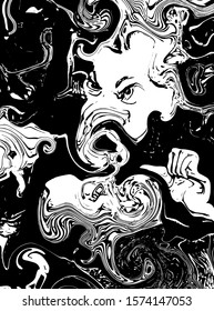 evil comic book picture, image with eyes and hands shows