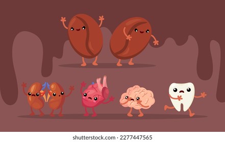 Evil comic coffee beans threatening healthy human organs. Caffeine as risk for scared kidneys, heart, brain or teeth cartoon characters vector illustration. Health, wellness, coffee concept