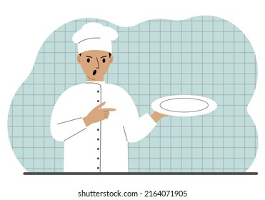 Evil cook in a cap holds an empty plate in his palm. Vector flat illustration
