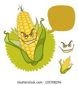 evil corn with scary smile and dialog box isolated on white. cartoon illustration