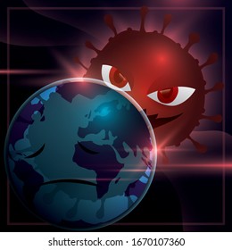 Evil coronavirus character trying to infect the Earth planet with COVID-19, promoting worldwide awareness and prevention about this virus outbreak.