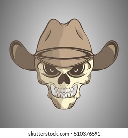 Evil cowboy skull in hat, death t-shirt design, vector