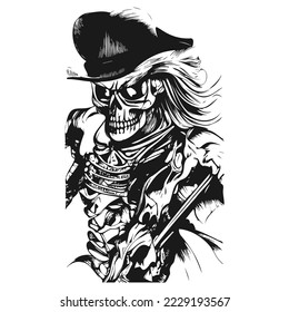 evil cowboy skull tattoo hand drawn vector black and white clip art
