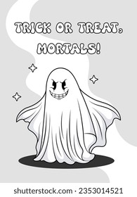 An evil crafty black and white Halloween ghost with a big smile. Trick or Treat. Holiday Poster. Vector illustration