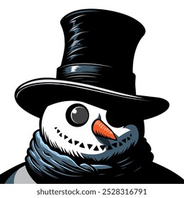 Evil creepy snowman in a high hat isolated on white background.