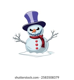 Evil creepy snowman in a high hat isolated on white background.	
