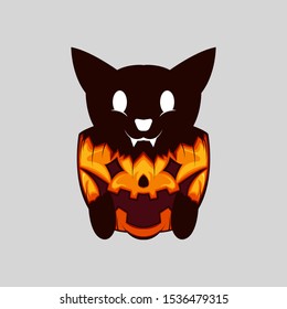 Evil Cut Black Cat on Halloween Pumpkin
