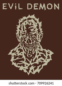 Evil demon head of the with a creepy face. Vector illustration. The horror genre. Scary monster character.