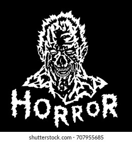 Evil demon head with torn face. Vector illustration. Scary vampire character in black and white colors. The genre of horror.