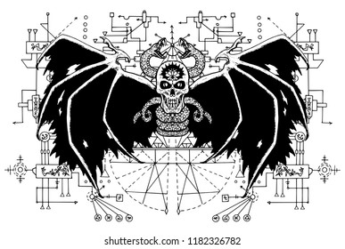Evil demon skull against sacred geometry background. Esoteric, occult and Halloween concept, mystic vector illustrations for music album, book cover, t-shirts