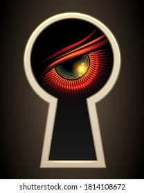 Evil Demonic Eye Looking Through a Door Keyhole. Vector illustration.