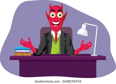 "Evil Devil Boss at His Desk Vetor Cartoon Illustration" (em inglês). Engraçado mal capitalista homem de negócios sendo diabólico e perverso
