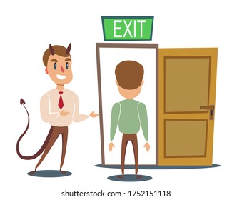 Evil devil businessman invite men to opened door. Stock flat vector illustration.