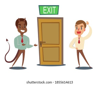 Evil devil businessman invite men to opened door. Stock flat vector illustration.