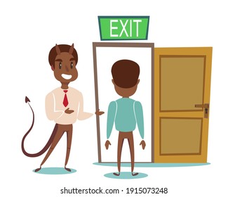 Evil devil businessman invite men to opened door. Vector flat design illustration.